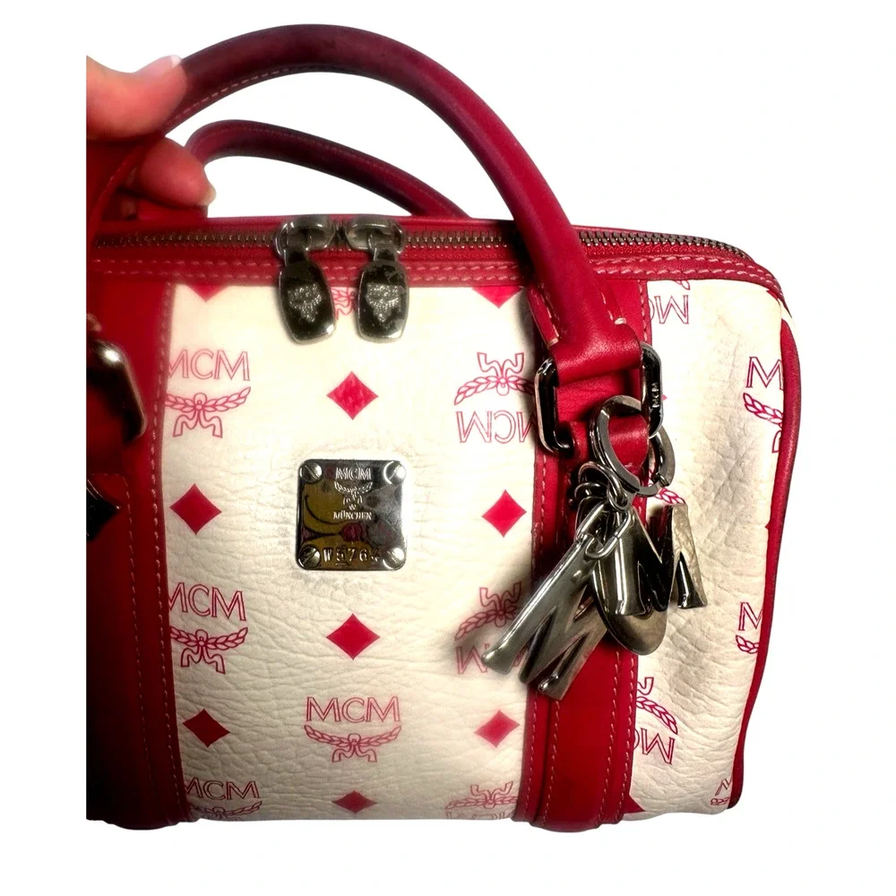 MCM Small Boston bag White Pink Visetos Satchel with Charm~Chain strap~Twilly